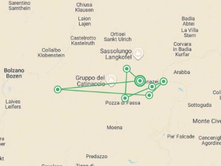 Map itinerary of Mediterranean Tour in June 2027 with 7 destination visits for the trip: Highlights of the Dolomites