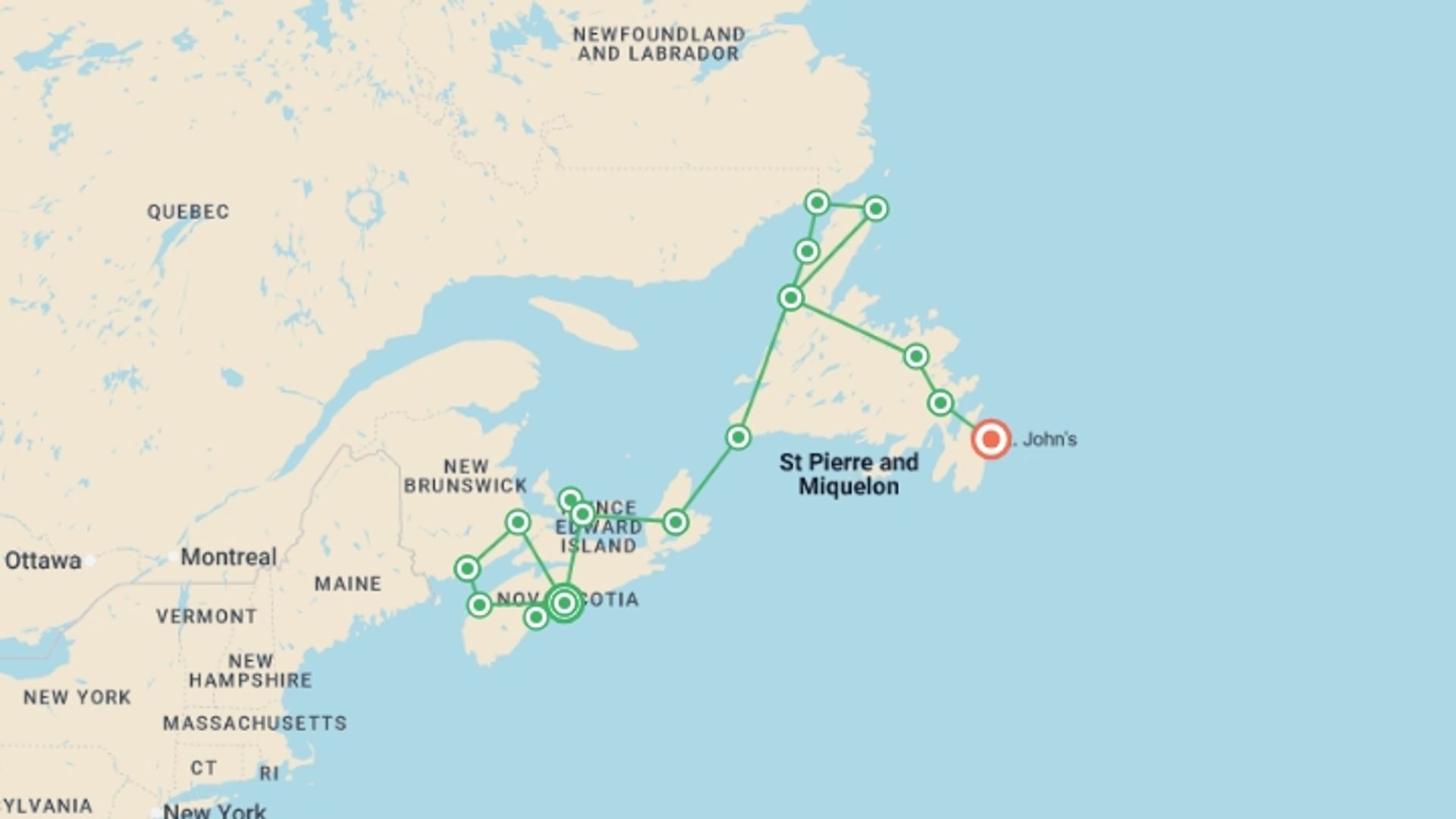 A map showing the tour itinerary for the trip: Atlantic Canada Encompassed - 23 days, starting in Halifax, Canada and ending in St. John's, Canada going through 12 other destinations.