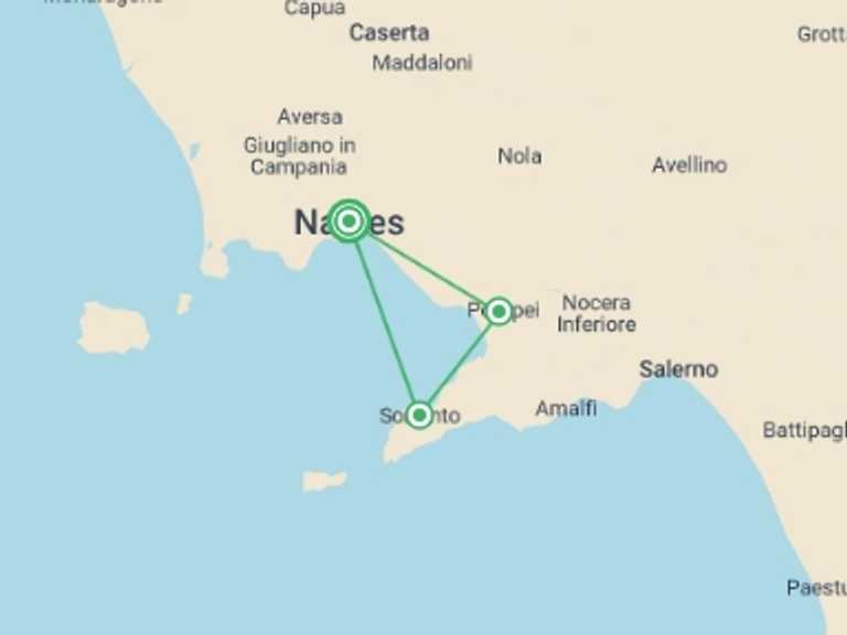 Map of Naples Explorer Tour with 3 destination visits for the trip: Naples, Pompeii & Amalfi - 4 days