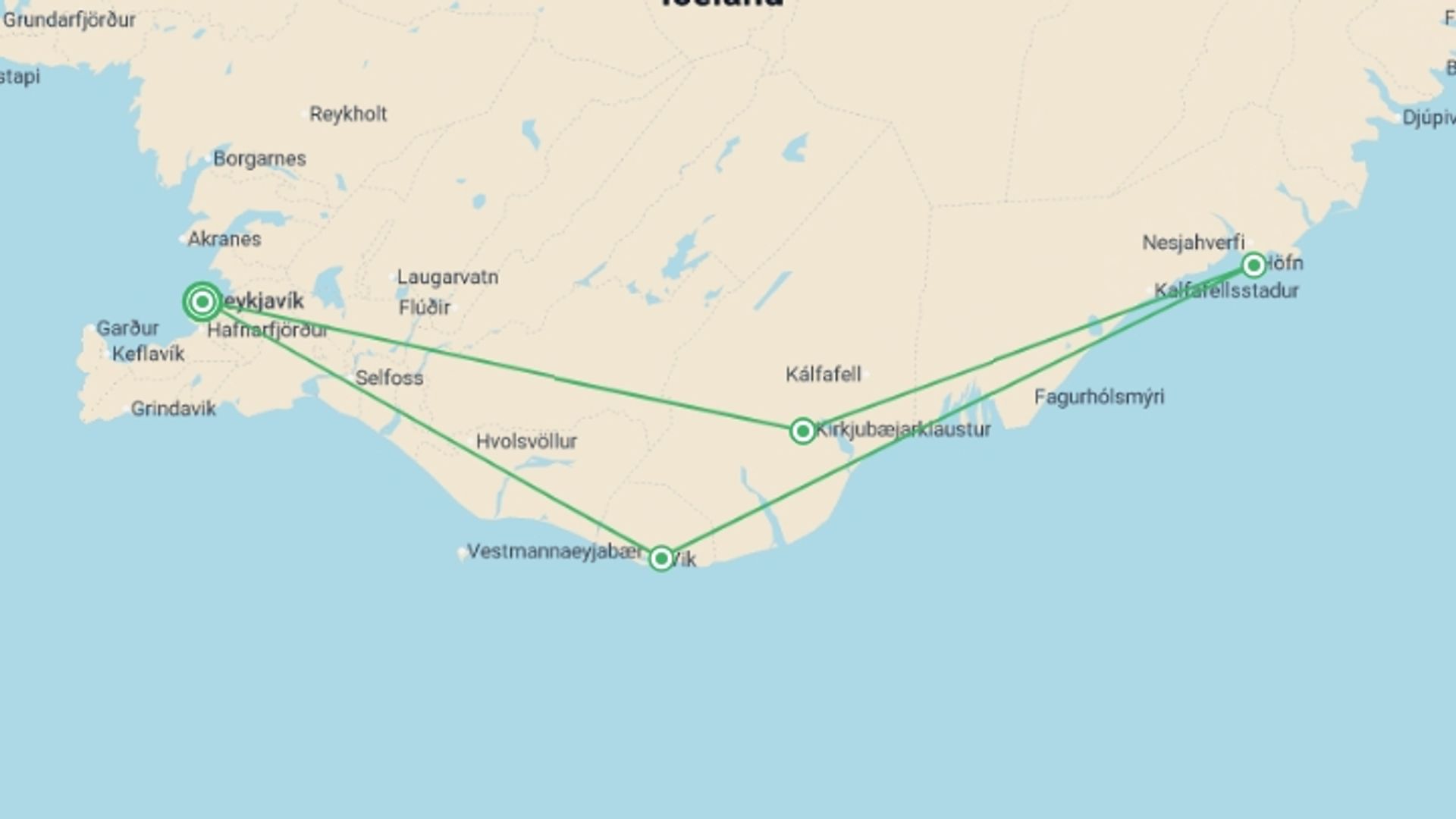 A map showing the tour itinerary for the trip: Hiking Southern Iceland, starting in Reykjavik, Iceland and ending in Reykjavik, Iceland going through 4 other destinations.