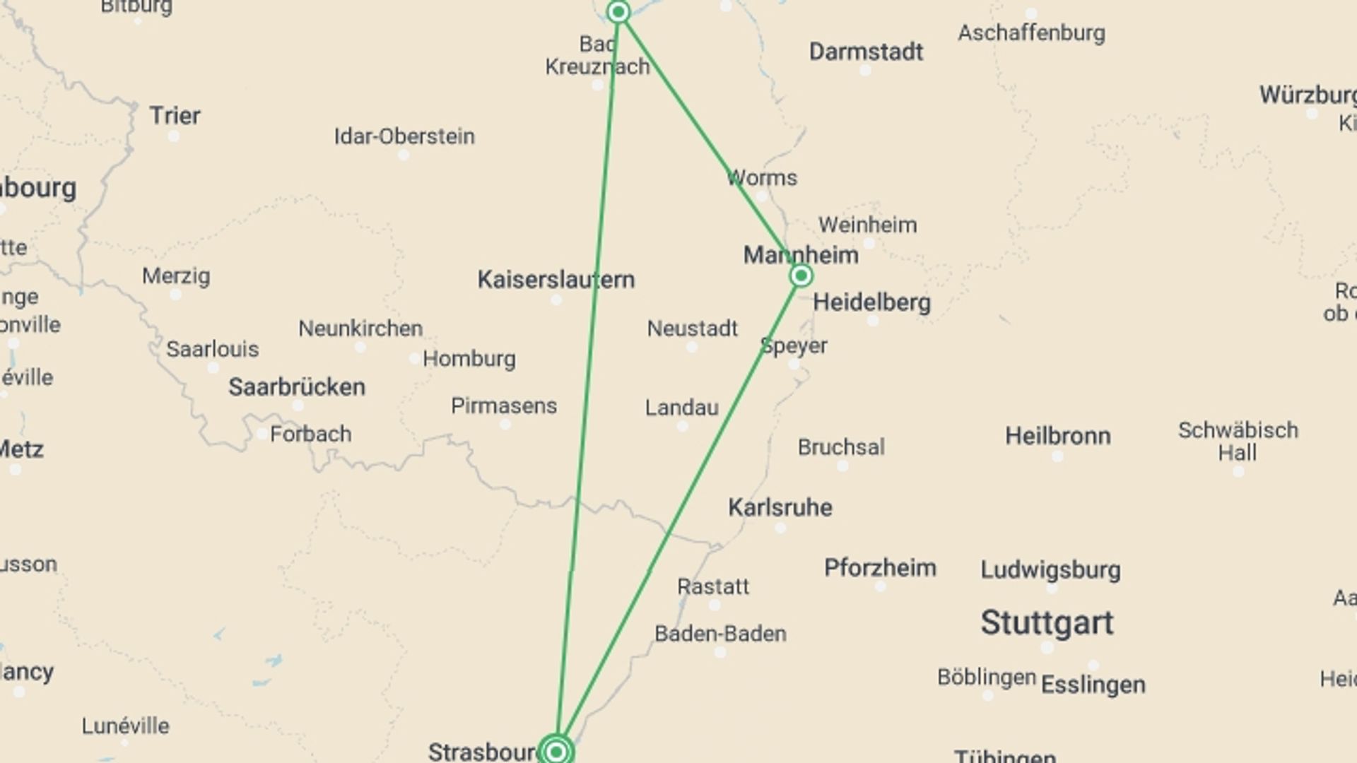 A map showing the tour itinerary for the trip: Cruise Festival: Legends, Festivities, and Delicacies on the Romantic Rhine River, starting in Strasbourg, France and ending in Strasbourg, France going through 2 other destinations.