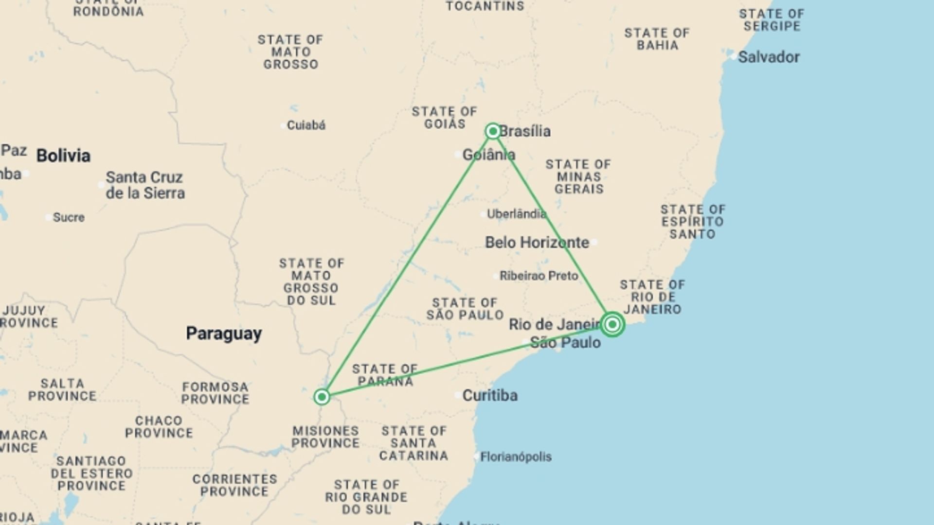 A map showing the tour itinerary for the trip: Natural Wonders of Brazil - 12 days, starting in Rio de Janeiro, Brazil and ending in Rio de Janeiro, Brazil going through 2 other destinations.