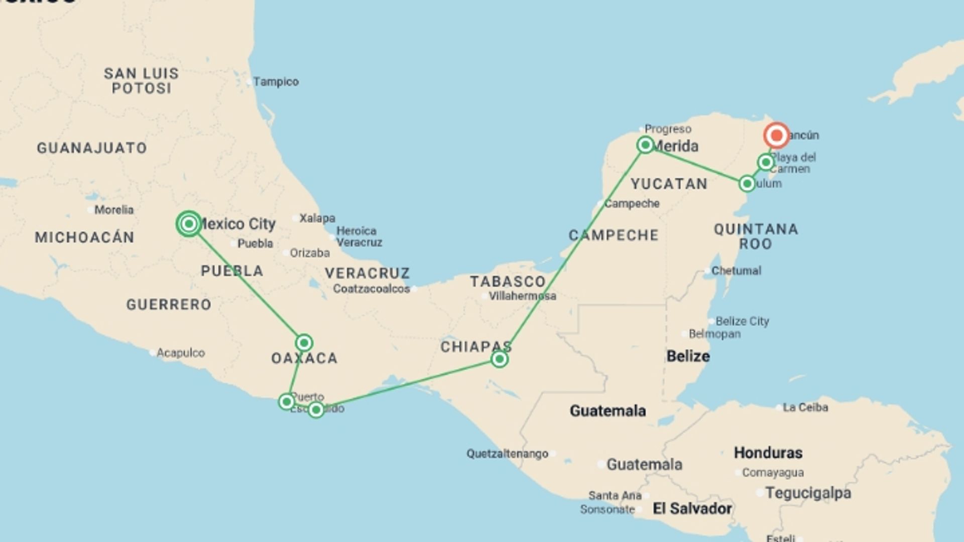 A map showing the tour itinerary for the trip: Mexico Highlights (from Mexico City) Travel Pass, starting in Mexico City, Mexico and ending in Cancún, Mexico going through 7 other destinations.