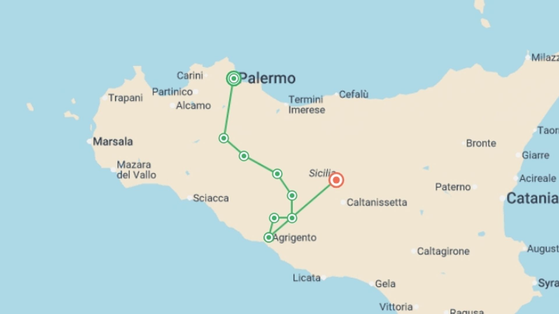 A map showing the tour itinerary for the trip: Sicily - Magna Via Francigena, starting in Palermo, Italy and ending in Sicily, Italy going through 6 other destinations.