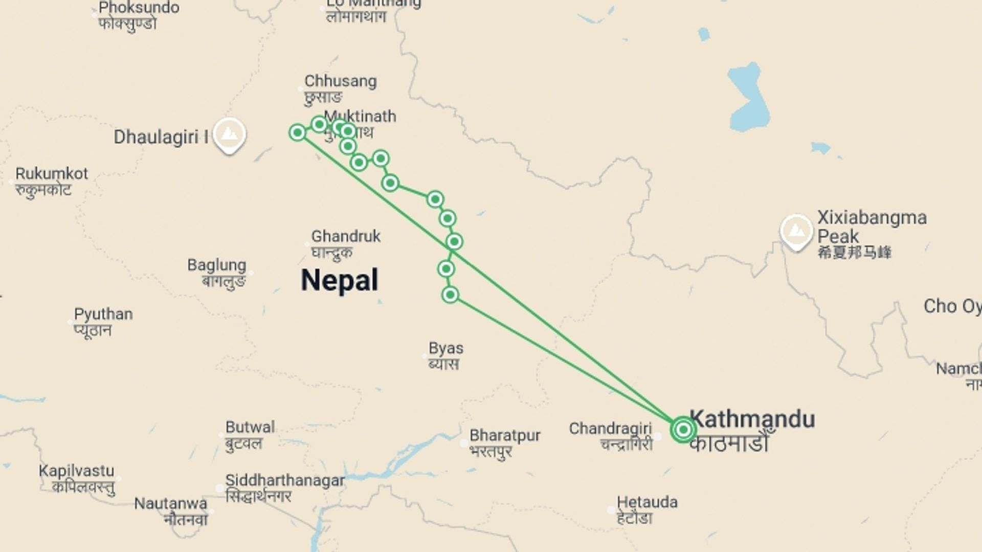 A map showing the tour itinerary for the trip: Annapurna Circuit via Kang La and Nar, starting in Kathmandu, Nepal and ending in Kathmandu, Nepal going through 12 other destinations.