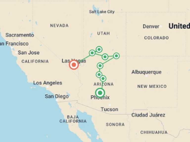 Map itinerary of USA Tour in July 2027 with 7 destination visits for the trip: Pioneer Adventures of the Old West