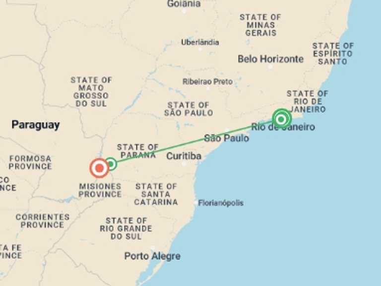 Map of Rio de Janeiro Natural landmarks sightseeing Tour with 4 destination visits for the trip: Rio de Janeiro & Iguassu Falls Experience