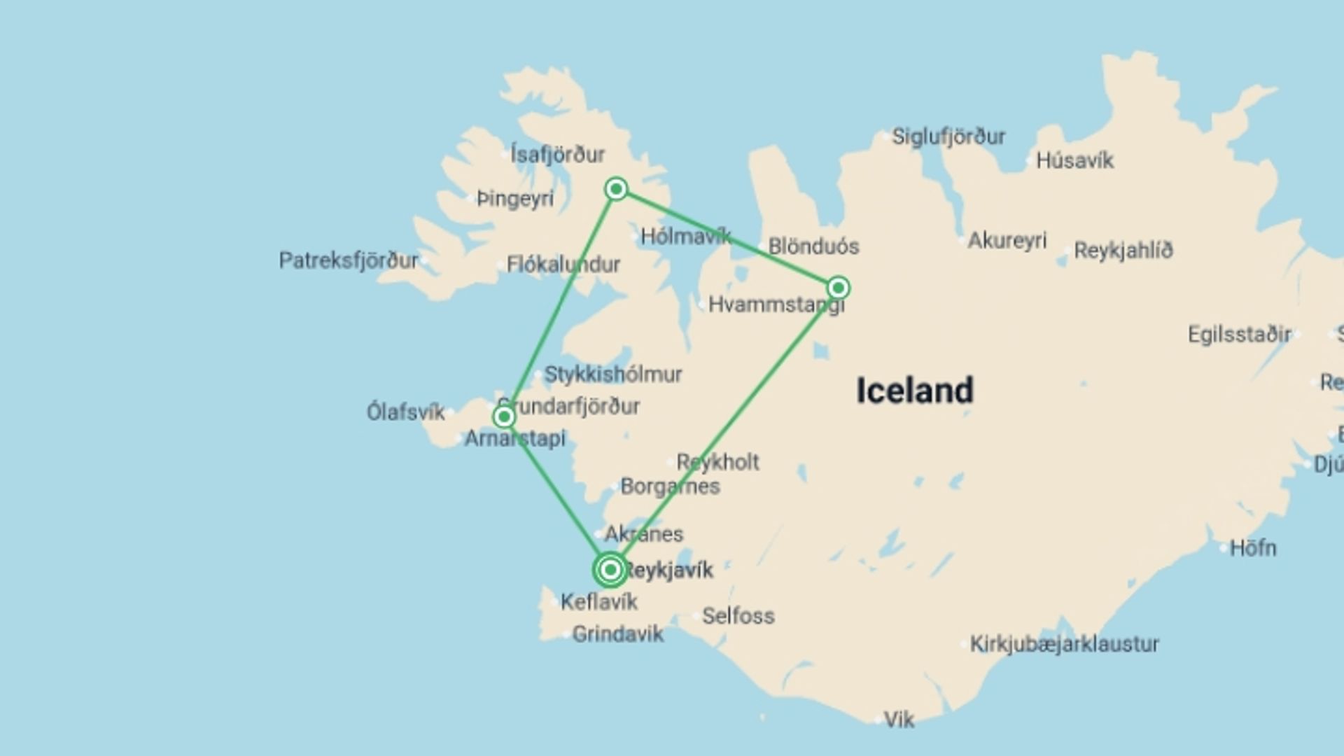 A map showing the tour itinerary for the trip: Iceland Circumnavigation: Helicopters, Glaciers and Volcanoes, starting in Reykjavik, Iceland and ending in Reykjavik, Iceland going through 3 other destinations.