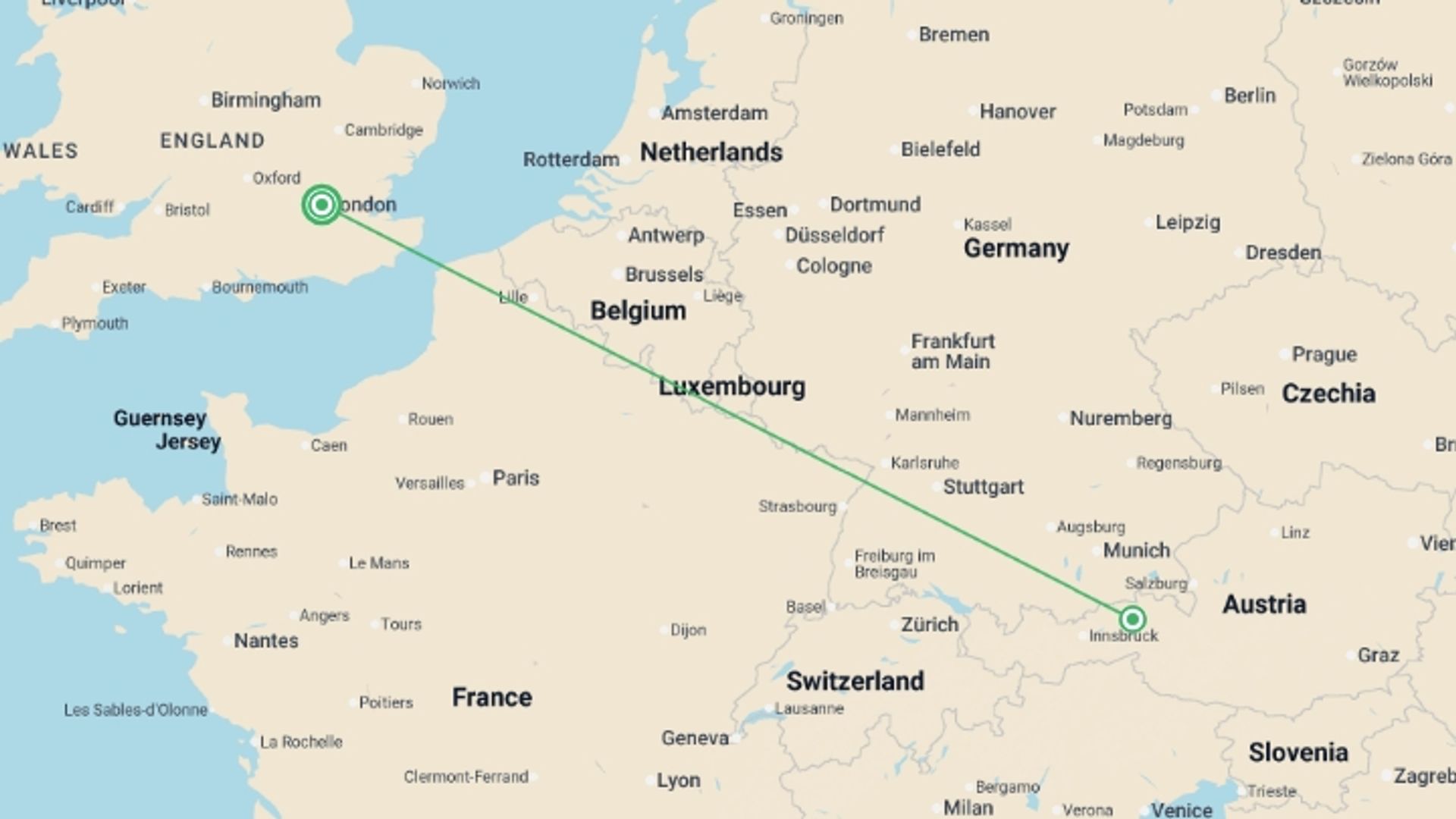 A map showing the tour itinerary for the trip: Ski Austria: 2 Weeks, starting in London, England and ending in London, England going through 1 other destinations.
