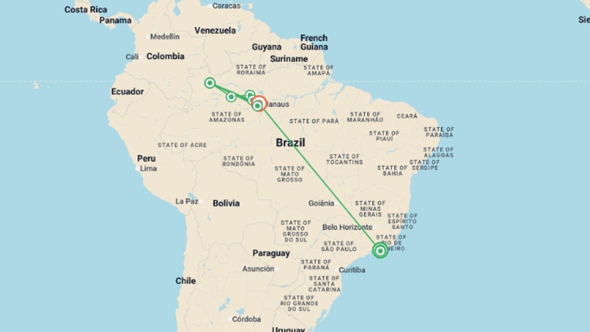 A map showing the tour itinerary for the trip: Rio de Janeiro and a cruise along the Amazon and the Rio Negro - An Exclusive Cruise through Pristine and Hidden Nature (port-to-port cruise), starting in Rio de Janeiro, Brazil and ending in Manaus, Brazil going through 2 other destinations.