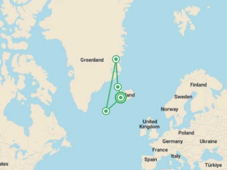 Map of Reykjavik Polar expeditions and cruise Tour with 5 destination visits for the trip: Adventures in Northeast Greenland: Glaciers, Fjords and the Northern Lights