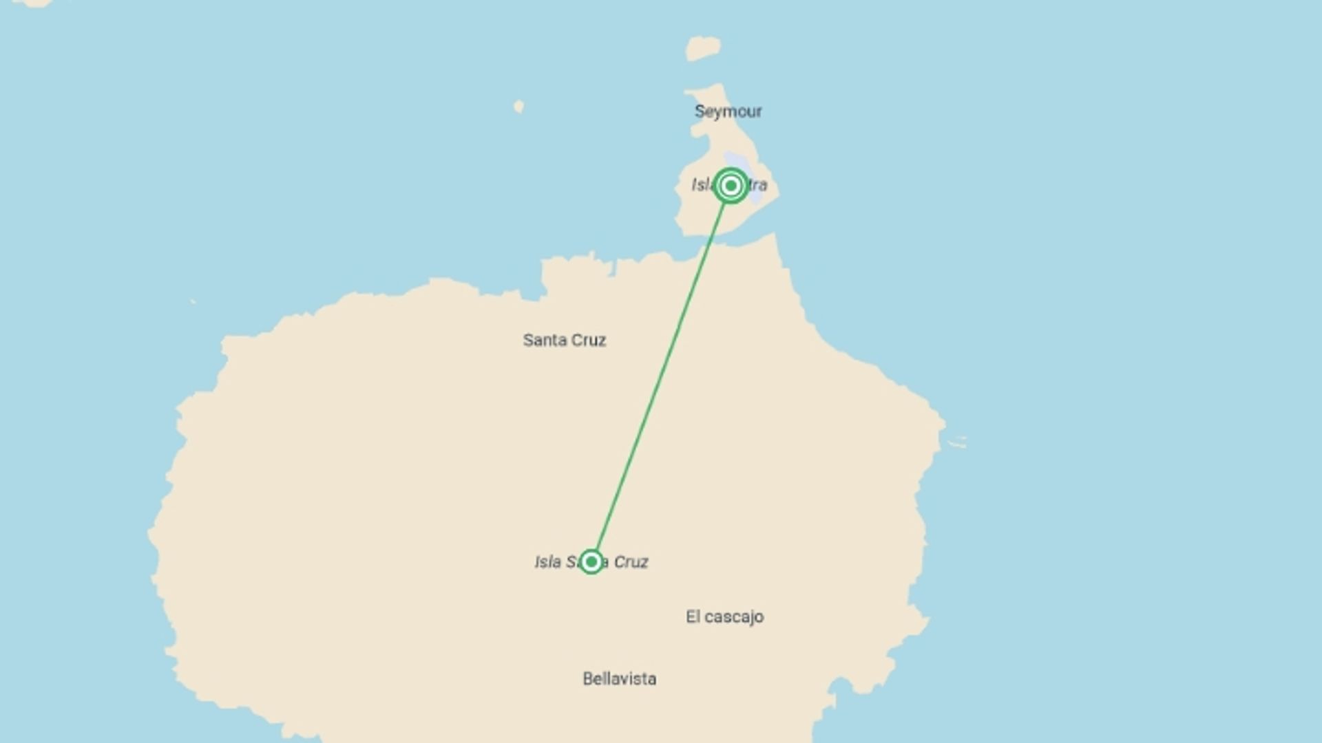 A map showing the tour itinerary for the trip: The Heart of the Galapagos: Santa Cruz Adventure, starting in Baltra Island, Ecuador and ending in Galapagos Islands, Ecuador going through 1 other destinations.