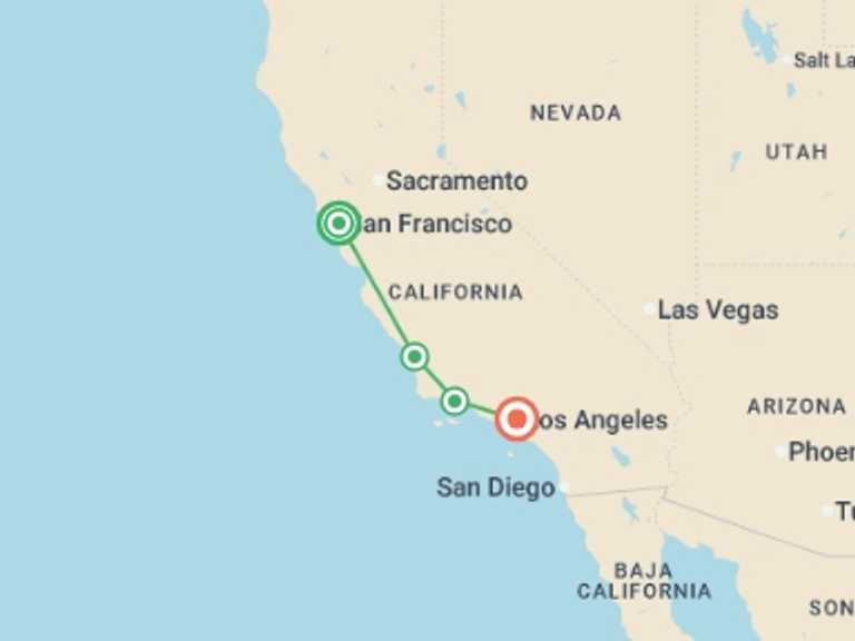 Map of San Francisco City sightseeing Tour with 3 destination visits for the trip: From S. Francisco to Los Angeles