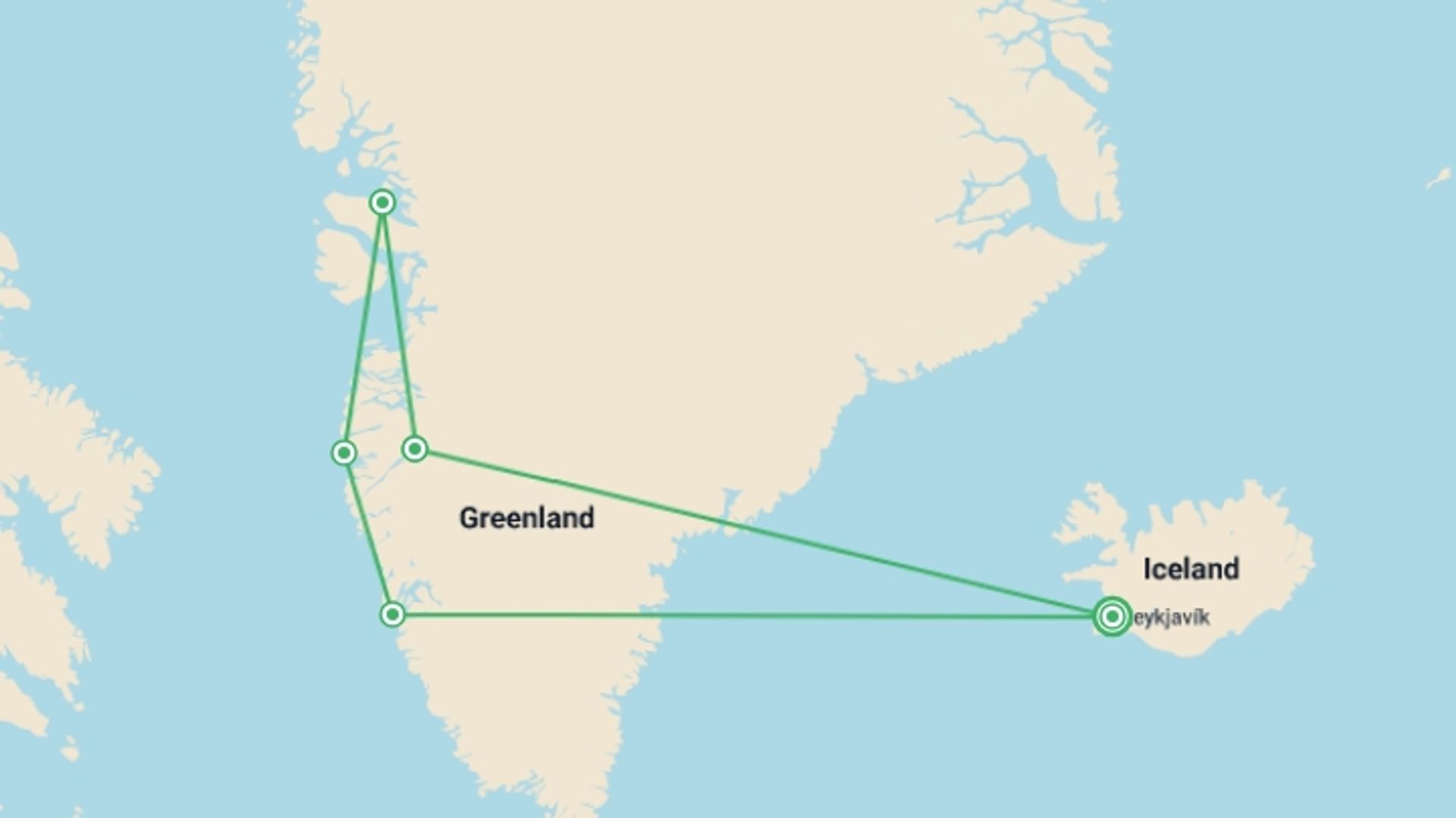 A map showing the tour itinerary for the trip: West Greenland: Discovering Massive Icebergs and Inuit Communities, Southbound, starting in Reykjavik, Iceland and ending in Reykjavik, Iceland going through 4 other destinations.