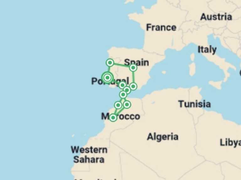 Map of Europe Tour with 10 destination visits for the trip: Andalucia, Morocco & Porto From Lisbon - 15 days