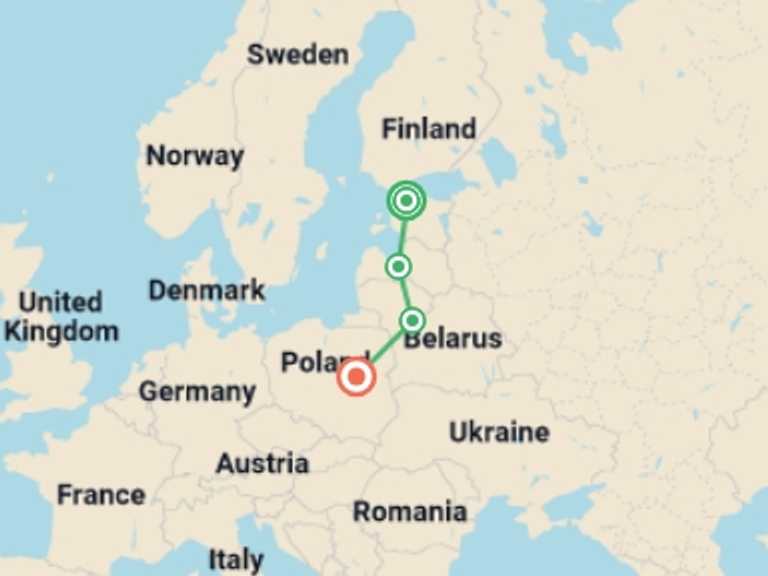 Map of 9-Day Eastern Europe Tour with 4 destination visits for the trip: Baltic Charms From Tallinn to Warsaw - 9 days