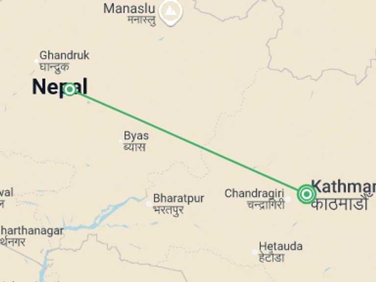 Map of 6-Day Kathmandu Tour with 2 destination visits for the trip: Kathmandu & Pokhara - 6 days