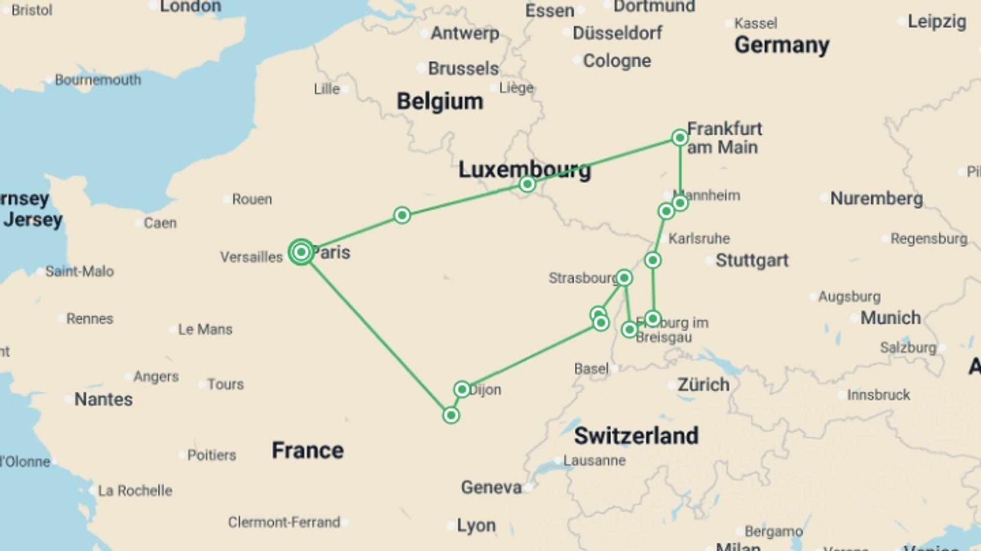 A map showing the tour itinerary for the trip: Burgundy, Alsace and Black Forest End Paris, starting in Paris, France and ending in Paris, France going through 4 other destinations.