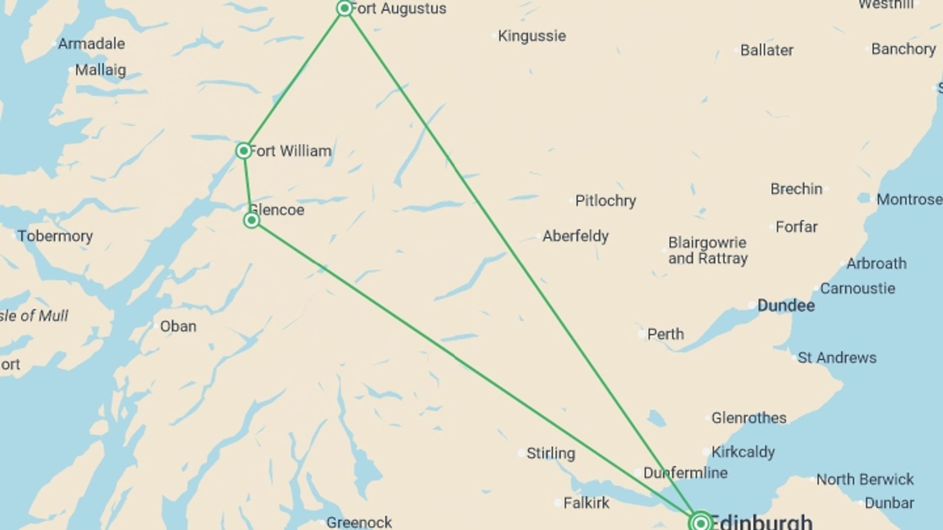A map showing the tour itinerary for the trip: Jacobite Steam Train Express - 2 days, starting in Edinburgh, Scotland and ending in Edinburgh, Scotland going through 1 other destinations.