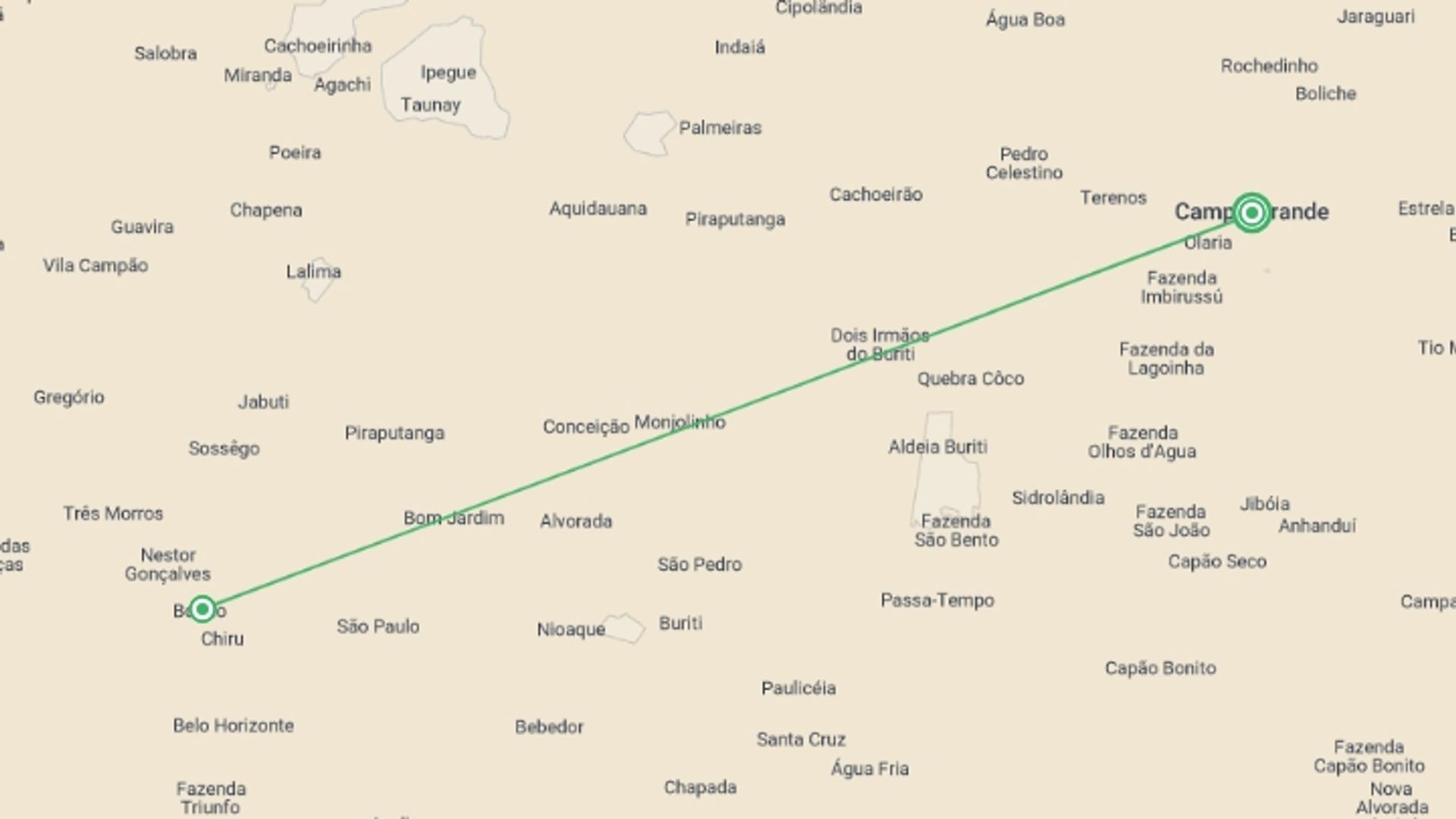 A map showing the tour itinerary for the trip: Bonito Experience, starting in Campo Grande, Brazil and ending in Campo Grande, Brazil going through 1 other destinations.