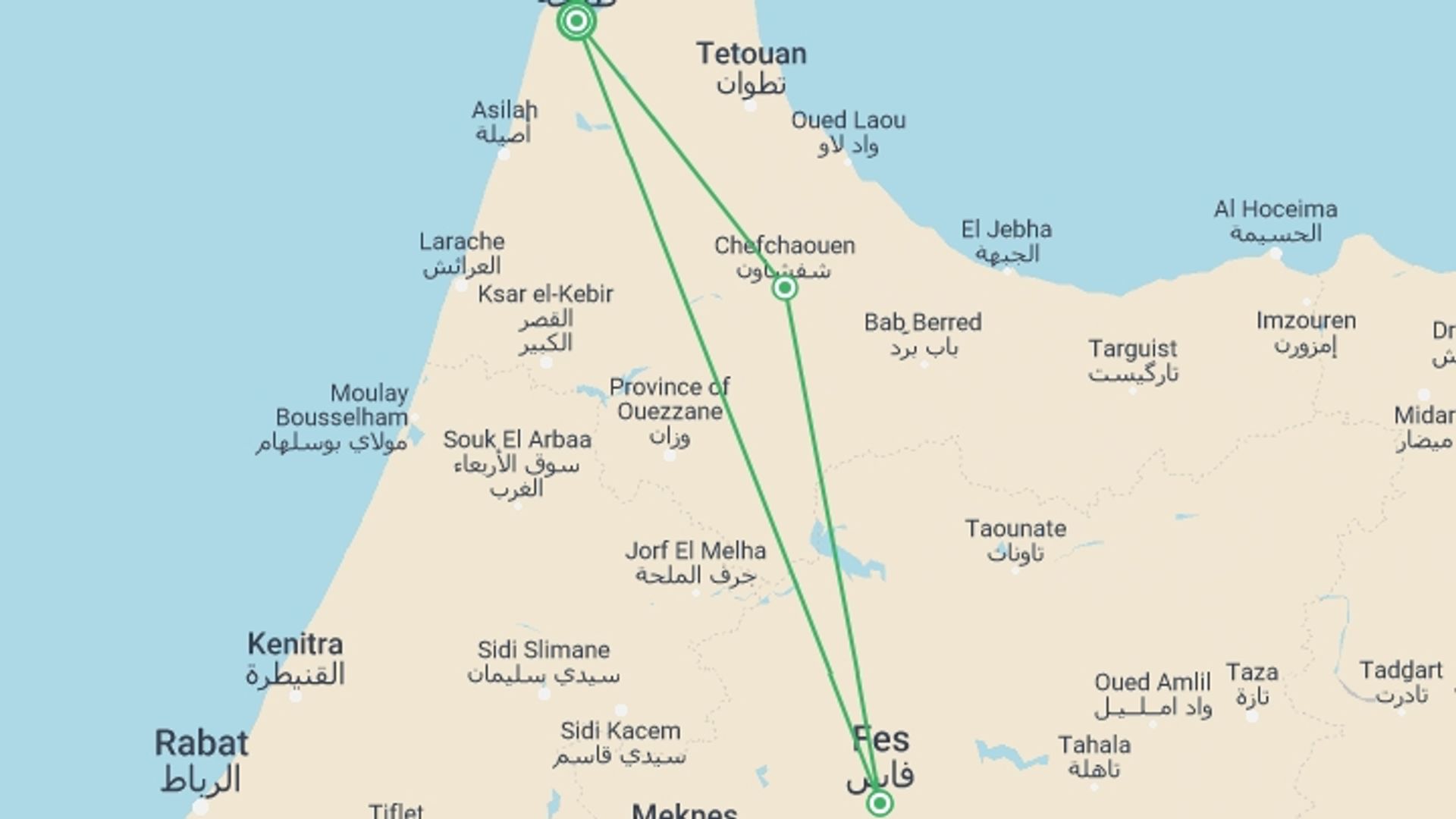A map showing the tour itinerary for the trip: Tangier & Fez Tour, starting in Tangier, Morocco and ending in Tangier, Morocco going through 1 other destinations.