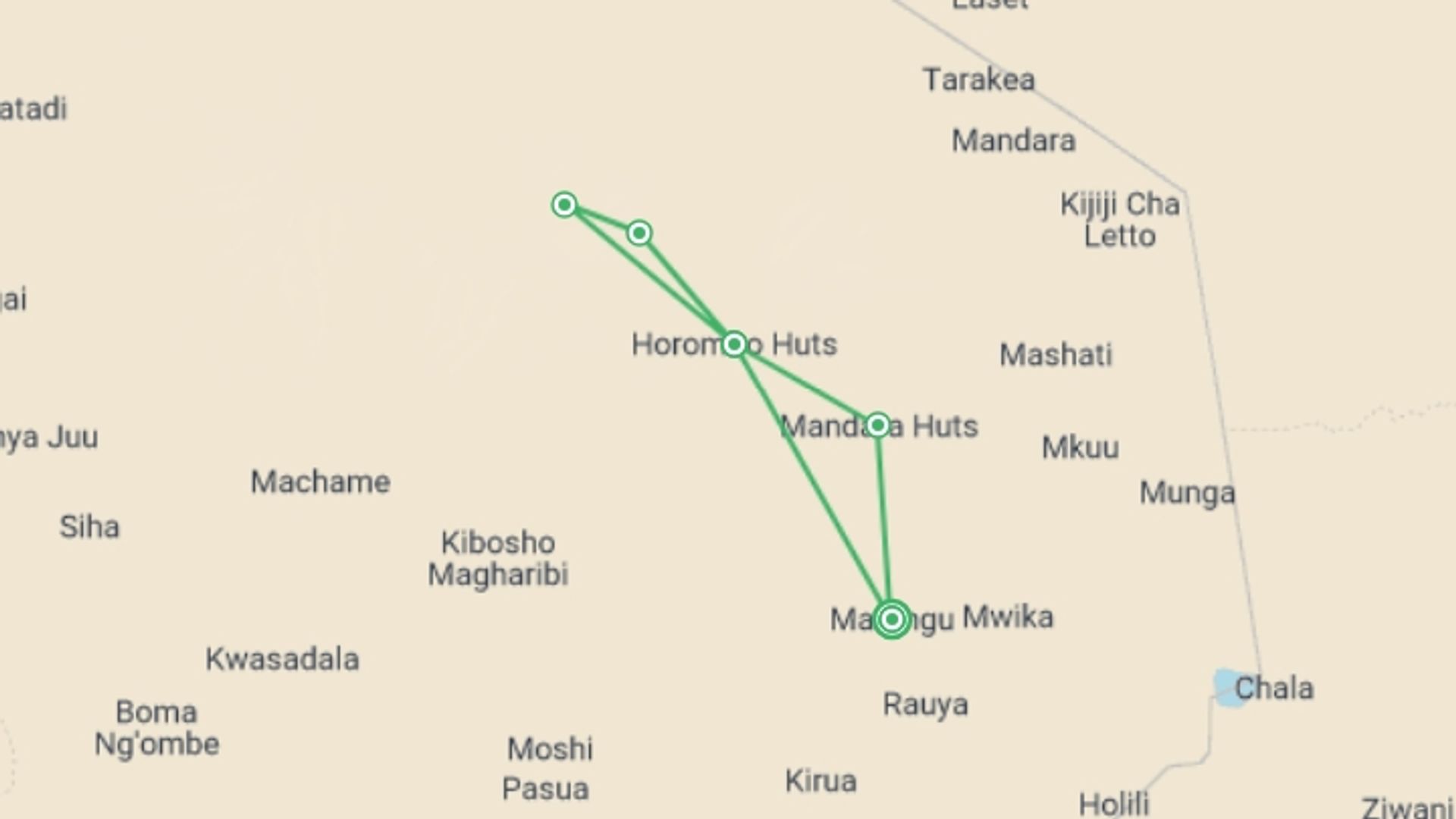A map showing the tour itinerary for the trip: Kilimanjaro: Marangu Route, starting in Marangu, Tanzania and ending in Marangu, Tanzania going through 4 other destinations.