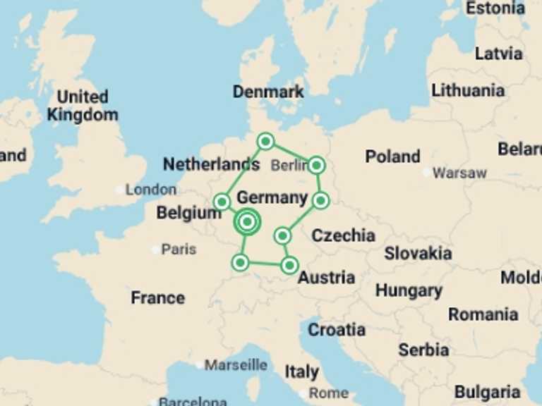 Map itinerary of Europe Tour in April 2027 with 8 destination visits for the trip: Best of Germany