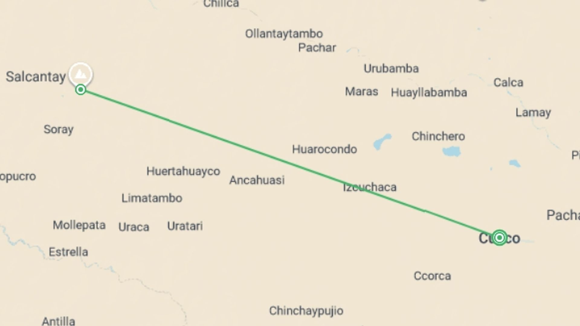 A map showing the tour itinerary for the trip: Salkantay Trek & Machu Picchu, starting in Cusco, Peru and ending in Cusco, Peru going through 1 other destinations.