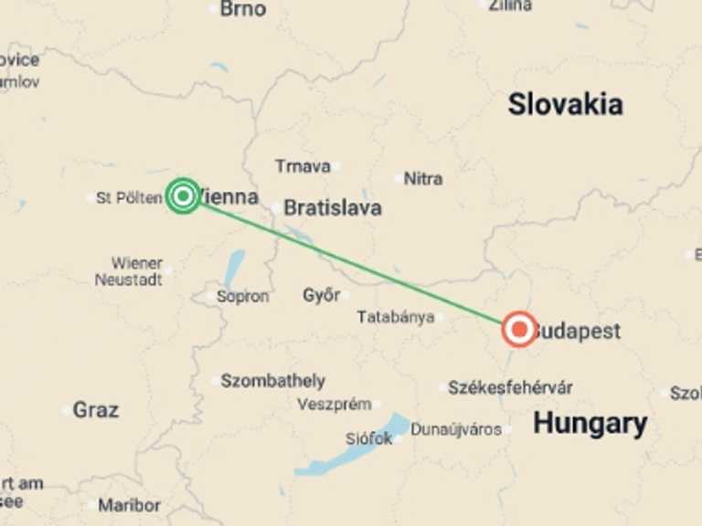 Map itinerary of Europe Tour in June 2026 with 2 destination visits for the trip: Vienna and Budapest GO