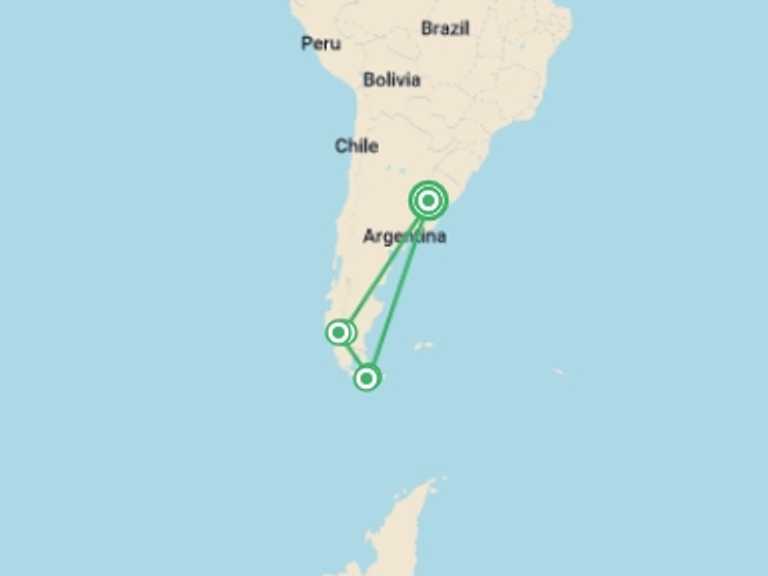 Map of South America Tour with 5 destination visits for the trip: Best of Patagonia - 10 days