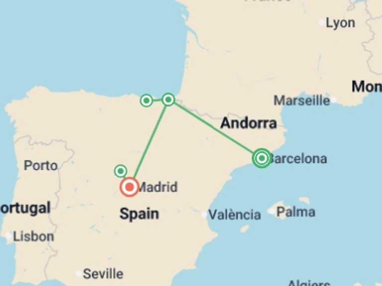 Map of Europe Tour with 5 destination visits for the trip: Easy Pace Spain