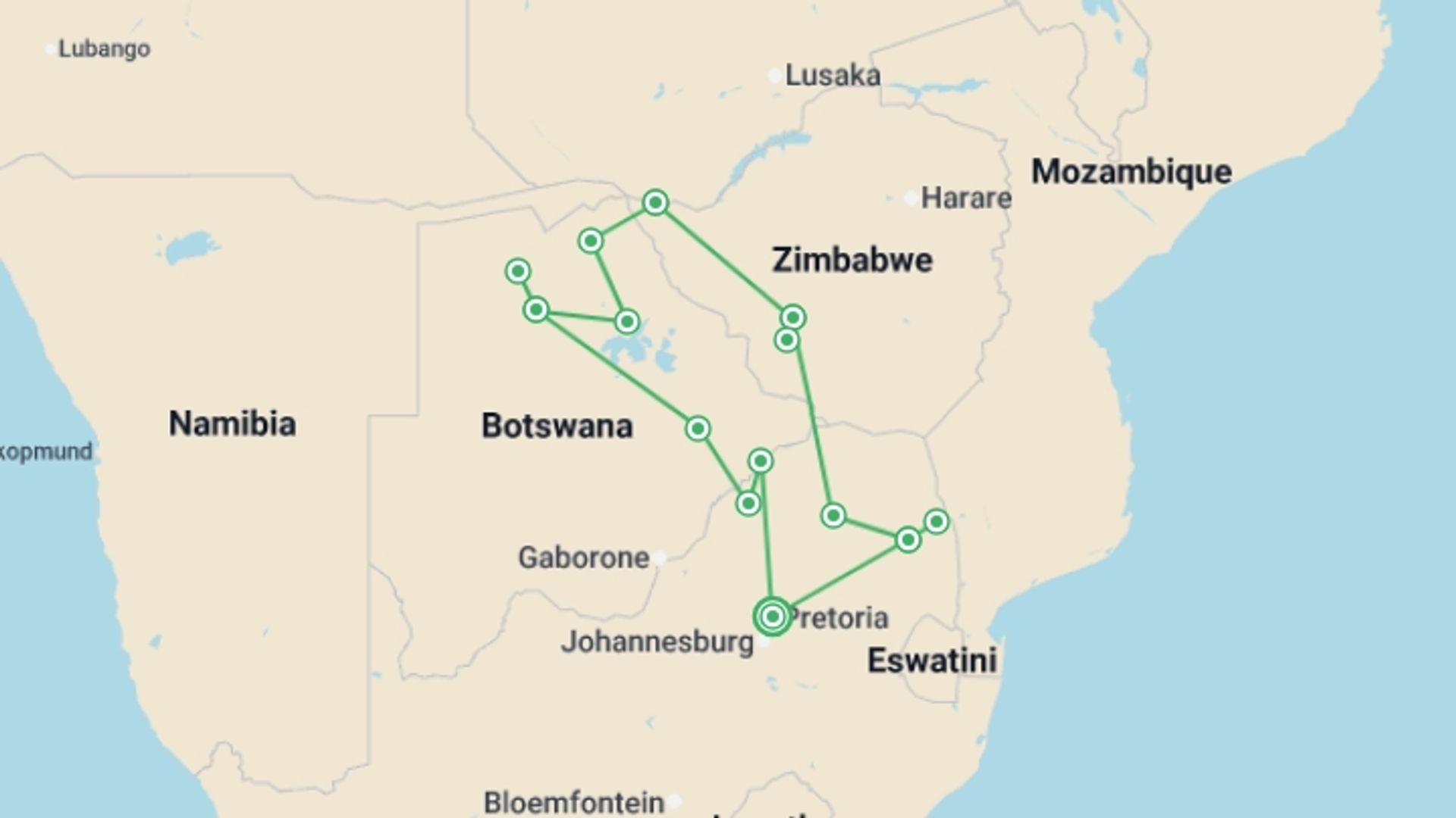 A map showing the tour itinerary for the trip: 14-day Kruger to the Delta, Chobe  Victoria Falls Accommodated, starting in Pretoria, South Africa and ending in Pretoria, South Africa going through 11 other destinations.