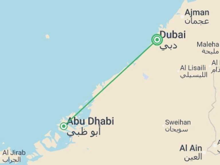 Map itinerary of UAE Tour in January 2027 with 1 destination visits for the trip: Abu Dhabi Explorer From Dubai (5 Star) - 3 days