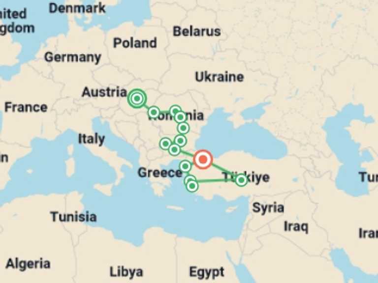 Map itinerary of Plovdiv Tour in August 2026 with 13 destination visits for the trip: Highlights of Eastern Europe & Turkey