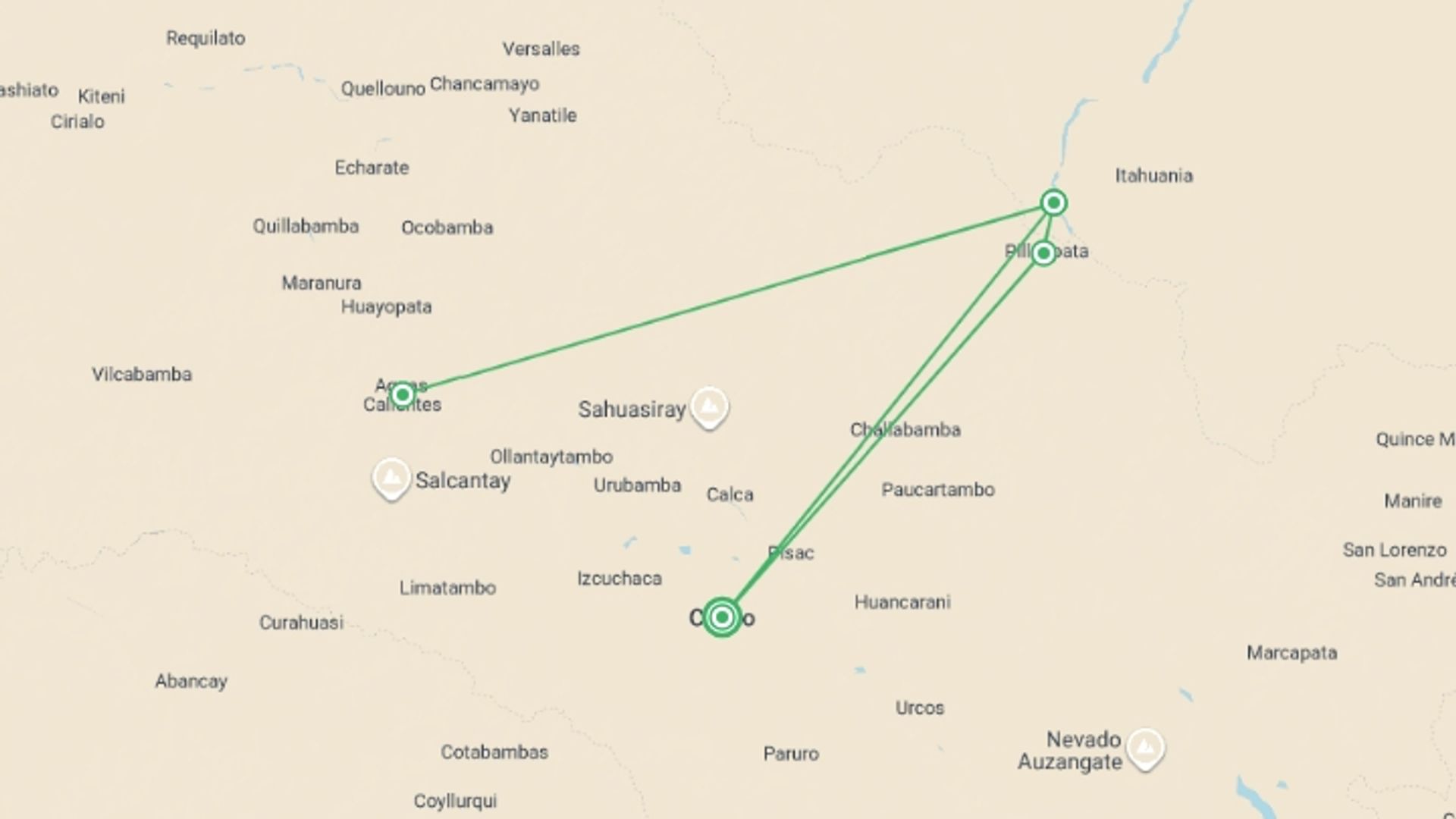 A map showing the tour itinerary for the trip: Manu Amazon Adventure 5D/4N, starting in Cusco, Peru and ending in Cusco, Peru going through 3 other destinations.