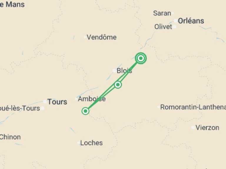 Map itinerary of France Tour in May 2026 with 3 destination visits for the trip: Loire Valley Cycle