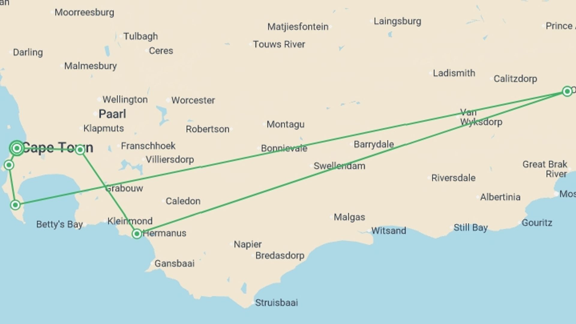 A map showing the tour itinerary for the trip: Cape Town & the Garden Route - 8 days, starting in Cape Town, South Africa and ending in Cape Town, South Africa going through 4 other destinations.