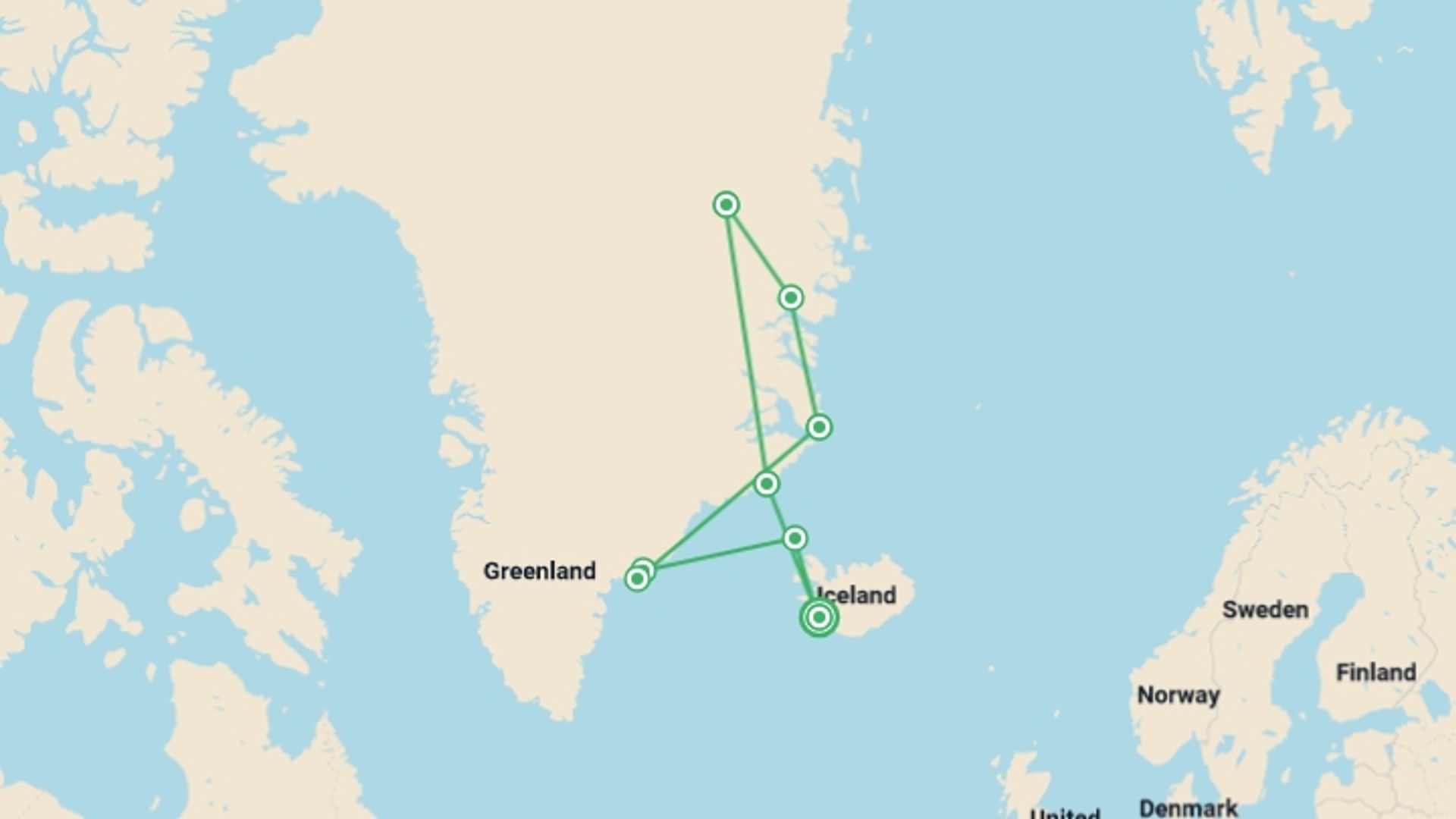 A map showing the tour itinerary for the trip: Complete East Greenland (Ocean Albatros), starting in Reykjavik, Iceland and ending in Reykjavik, Iceland going through 7 other destinations.