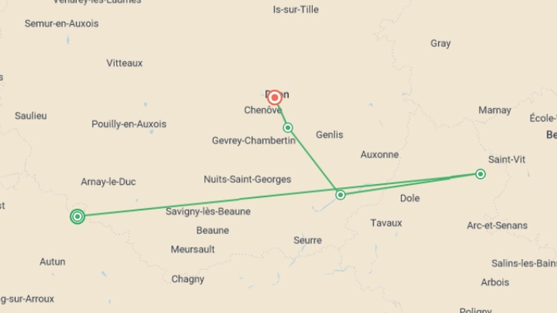 A map showing the tour itinerary for the trip: Remarkable Sites and Fine Wines on a Cruise through Burgundy and the Doubs Valley (port-to-port cruise), starting in Burgundy, France and ending in Dijon, France going through 3 other destinations.