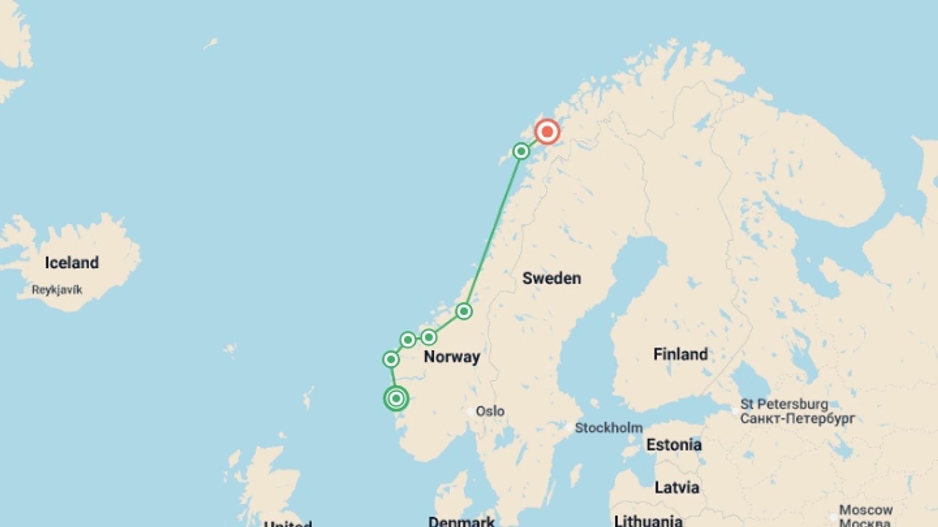 A map showing the tour itinerary for the trip: Premium Norway in Depth, starting in Bergen, Norway and ending in Harstad, Norway going through 5 other destinations.