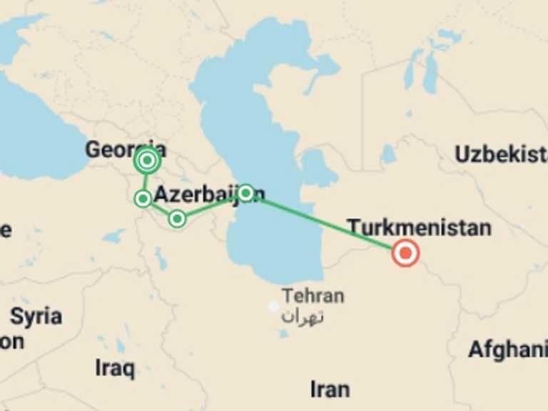 Map itinerary of Europe Tour in Spring with 5 destination visits for the trip: Tbilisi To Ashgabat (27 Days)
