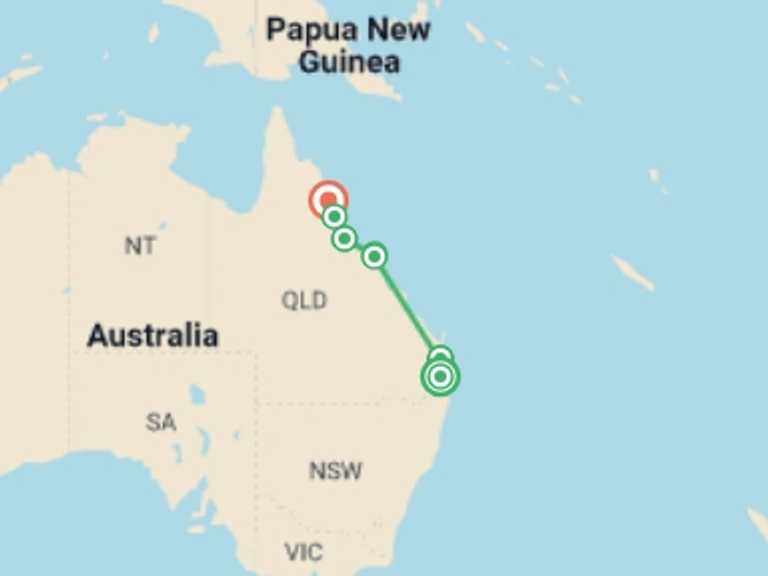 Map of Australia Tour with 7 destination visits for the trip: Essential Brisbane to Cairns