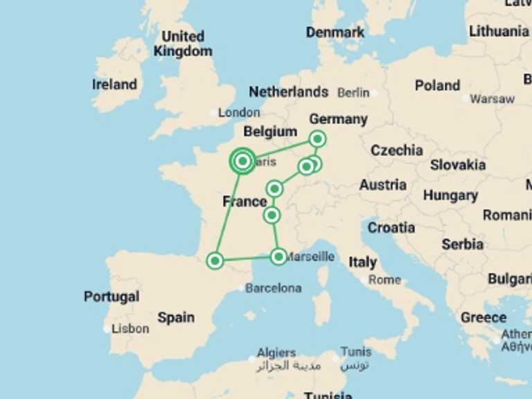 Map of Mediterranean Tour with 8 destination visits for the trip: Dreaming of France and the Black Forest