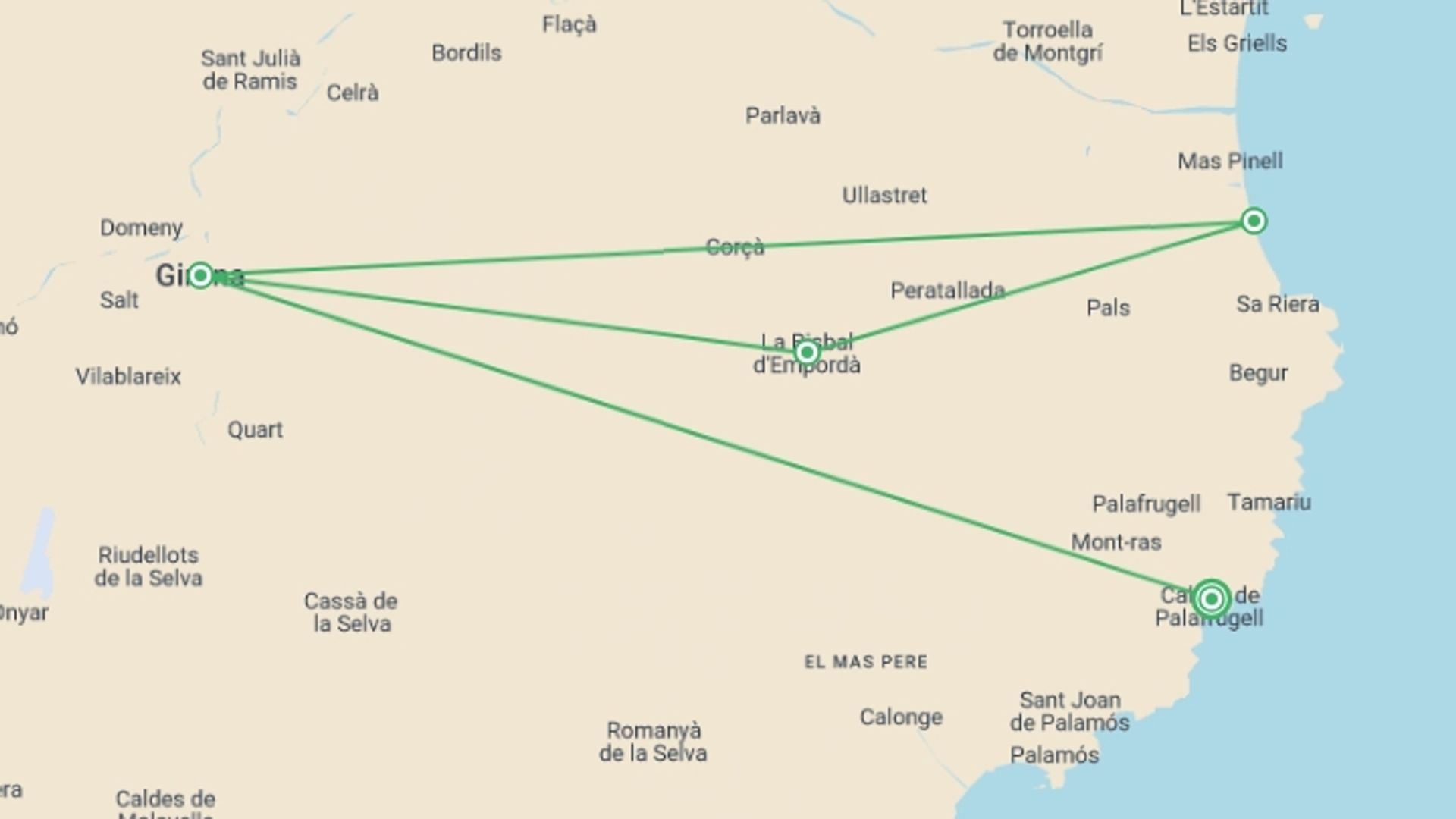 A map showing the tour itinerary for the trip: Contrasts of Catalonia (Catalunya) Cycling, starting in Calella De Palafrugell, Spain and ending in Calella De Palafrugell, Spain going through 3 other destinations.