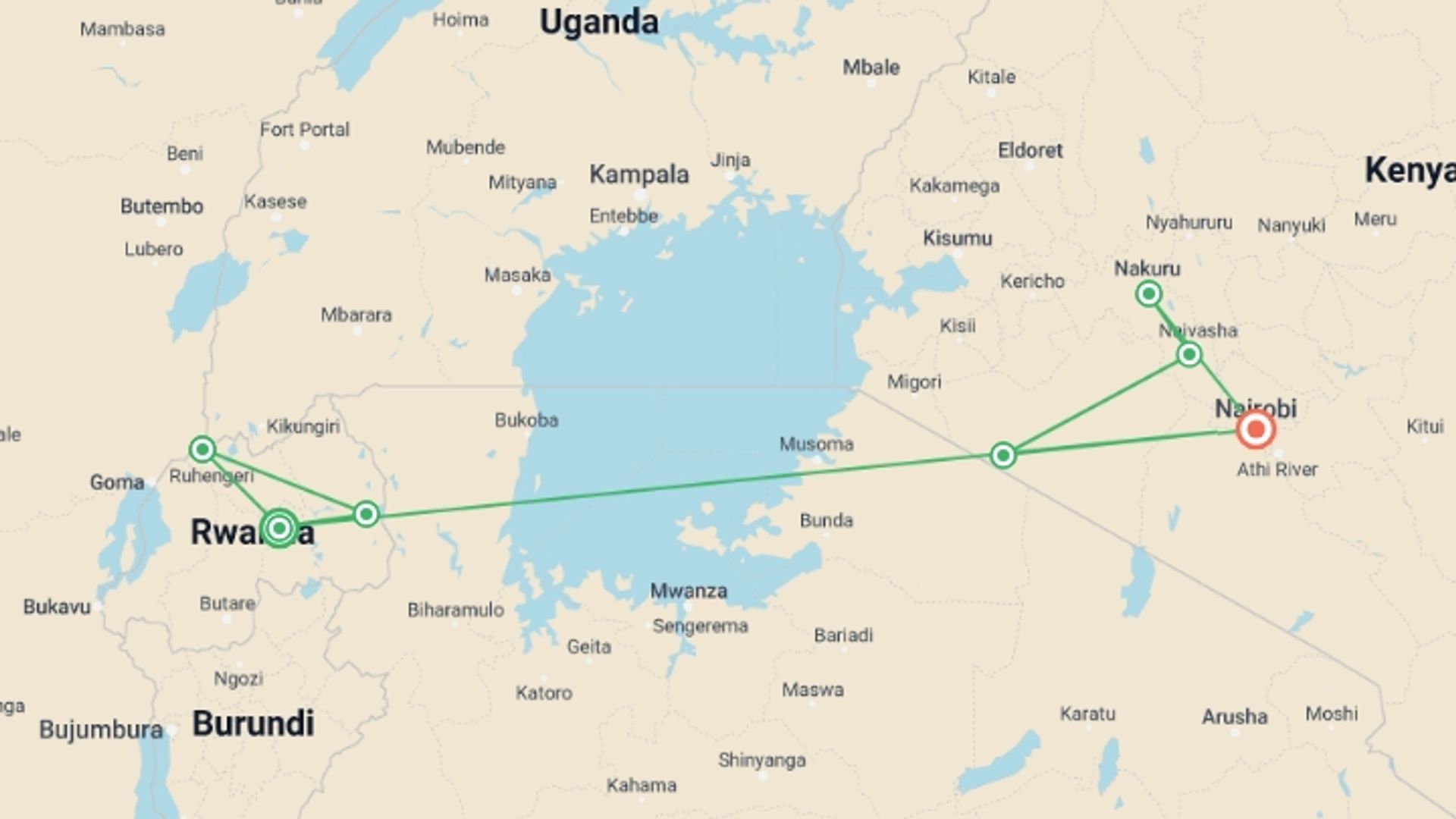 A map showing the tour itinerary for the trip: Journeys: Legendary Wildlife of Rwanda & Kenya, starting in Kigali, Rwanda and ending in Nairobi, Kenya going through 5 other destinations.