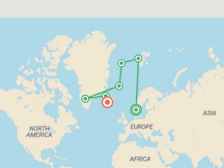 Map of Scandinavia Tour with 8 destination visits for the trip: Spitsbergen, Greenland and Iceland - M/V Greg Mortimer