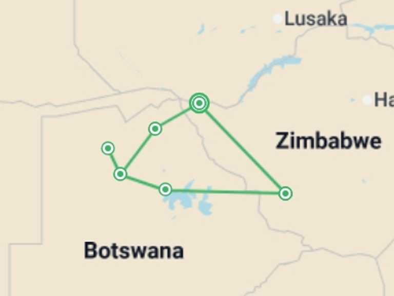 Map itinerary of Africa Tour in August 2026 with 6 destination visits for the trip: Botswana & Zimbabwe Lodge Safari