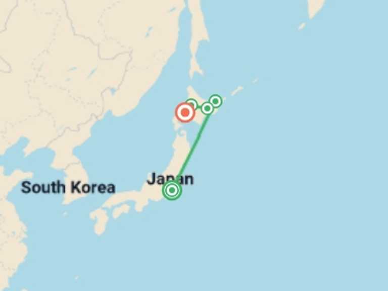 Map itinerary of Japan Tour in Spring with 5 destination visits for the trip: Active Northern Japan: Winter in Tokyo & Hokkaido