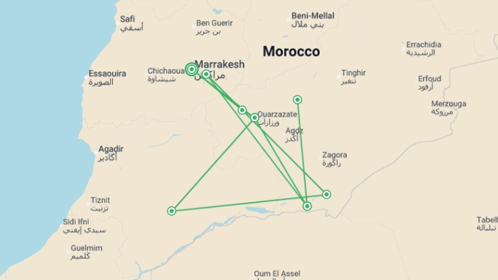 A map showing the tour itinerary for the trip: Trekking the Sahara - 9 days, starting in Marrakech, Morocco and ending in Marrakech, Morocco going through 5 other destinations.