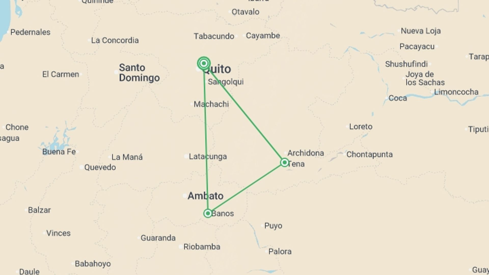A map showing the tour itinerary for the trip: Ecuador in a Week, starting in Quito, Ecuador and ending in Quito, Ecuador going through 3 other destinations.